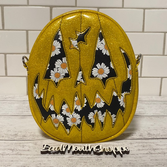 Rocks and Sews Handbags - *Rocks and Sews Lobotomy Oval Pumpkin Purse Bag in Yellow Glitter & Black Daisy